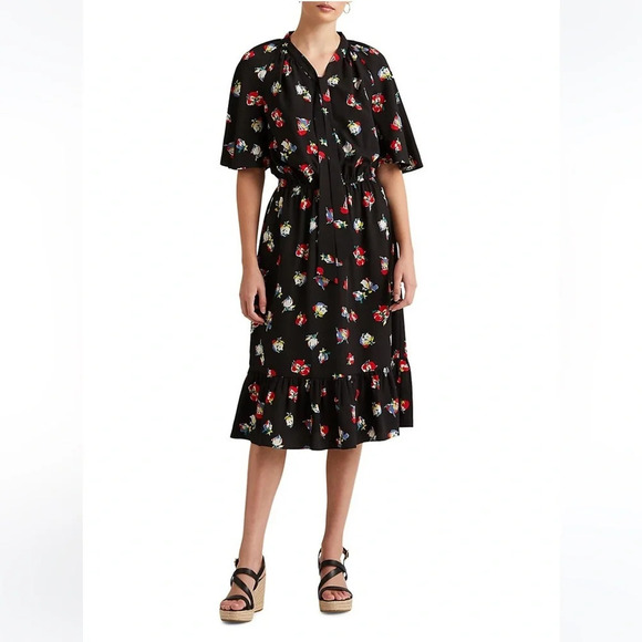 Lauren Ralph Lauren Sherolynn Floral Crepe Tie-Neck Midi Dress Black Red Size 8 - Picture 1 of 12